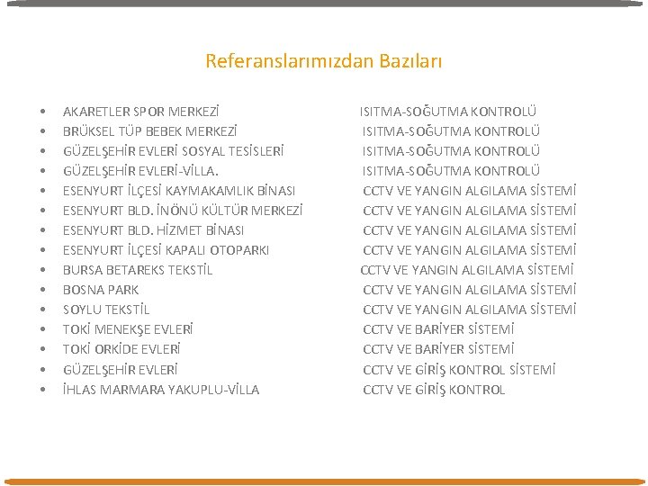 Referanslarımızdan Bazıları • • • • AKARETLER SPOR MERKEZİ ISITMA-SOĞUTMA KONTROLÜ BRÜKSEL TÜP BEBEK Referanslarımızdan Bazıları • • • • AKARETLER SPOR MERKEZİ ISITMA-SOĞUTMA KONTROLÜ BRÜKSEL TÜP BEBEK
