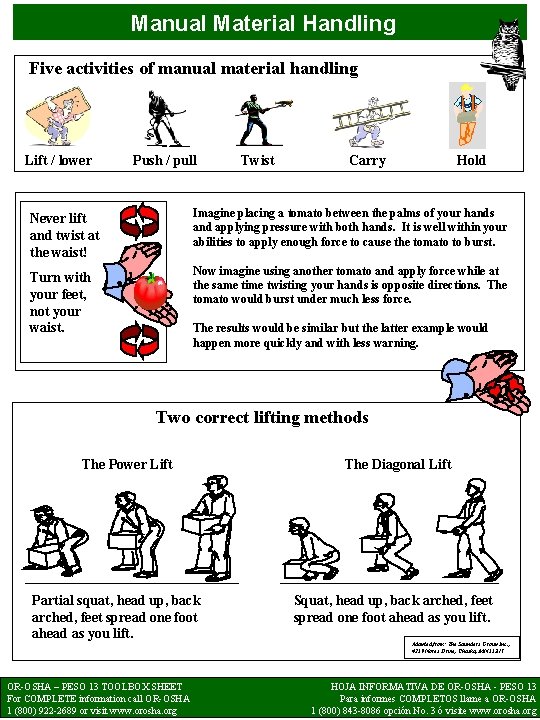 Manual Material Handling Five activities of manual material handling Lift / lower Push /