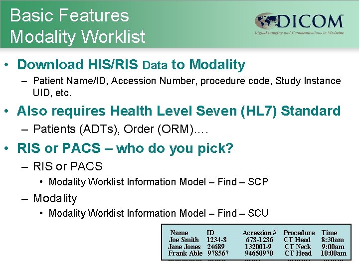 Basic Features Modality Worklist • Download HIS/RIS Data to Modality – Patient Name/ID, Accession