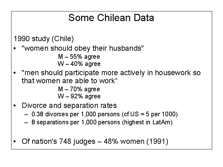 Some Chilean Data 1990 study (Chile) • "women should obey their husbands" M –