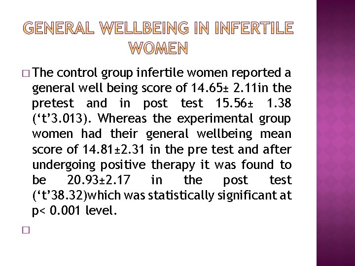 � The control group infertile women reported a general well being score of 14.