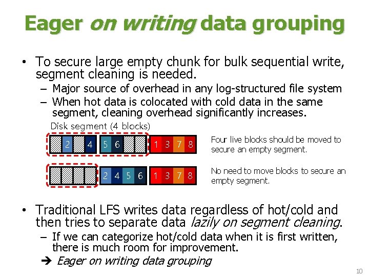 Eager on writing data grouping • To secure large empty chunk for bulk sequential Eager on writing data grouping • To secure large empty chunk for bulk sequential