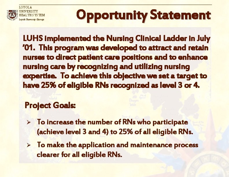 LOYOLA UNIVERSITY HEALTH SYSTEM Loyola University Chicago Opportunity Statement LUHS implemented the Nursing Clinical