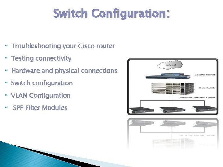 Switch Configuration: Troubleshooting your Cisco router Testing connectivity Hardware and physical connections Switch configuration