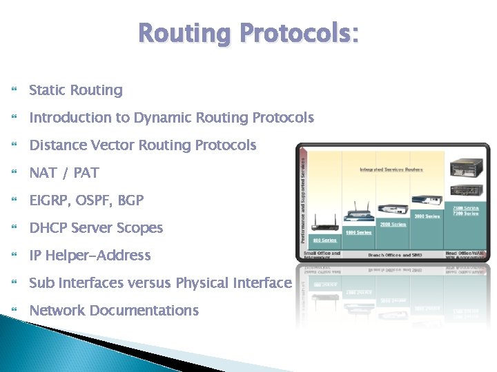 Routing Protocols: Static Routing Introduction to Dynamic Routing Protocols Distance Vector Routing Protocols NAT