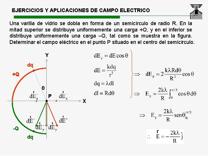 EJERCICIOS Y APLICACIONES DE CAMPO ELECTRICO Una varilla de vidrio se dobla en forma