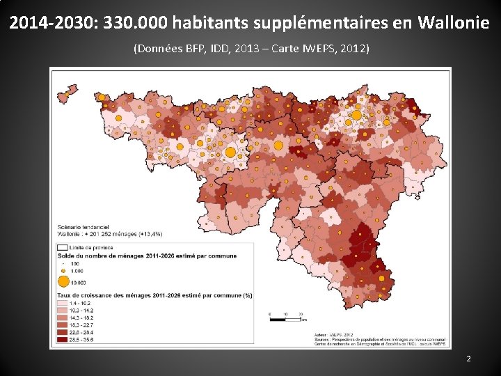 2014 -2030: 330. 000 habitants supplémentaires en Wallonie (Données BFP, IDD, 2013 – Carte