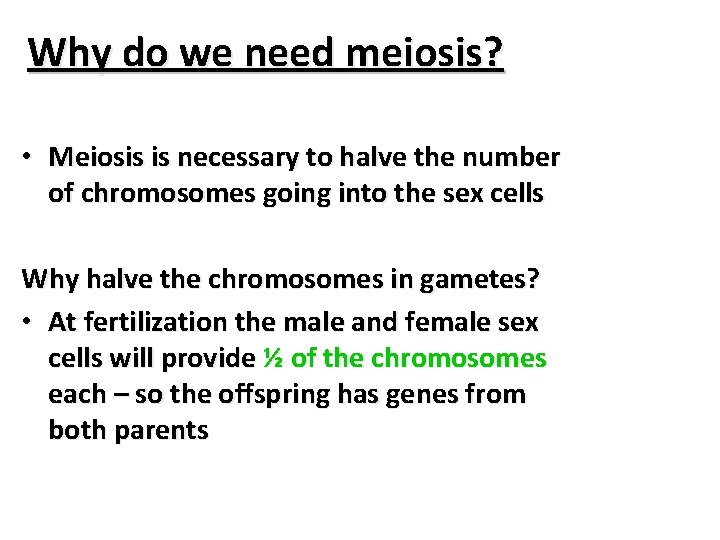 Why do we need meiosis? • Meiosis is necessary to halve the number of