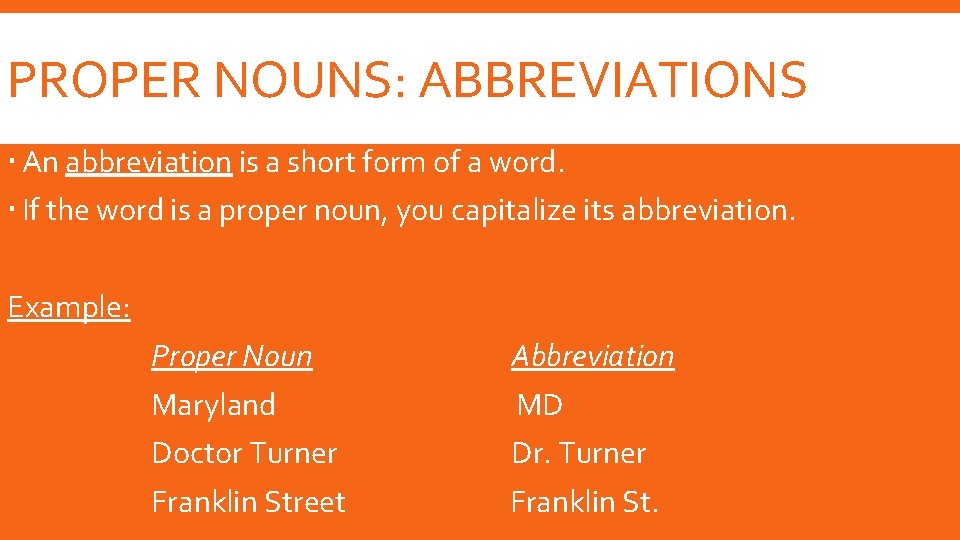 PROPER NOUNS: ABBREVIATIONS An abbreviation is a short form of a word. If the