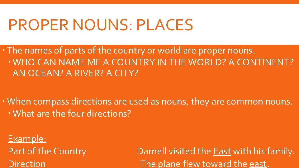 PROPER NOUNS: PLACES The names of parts of the country or world are proper