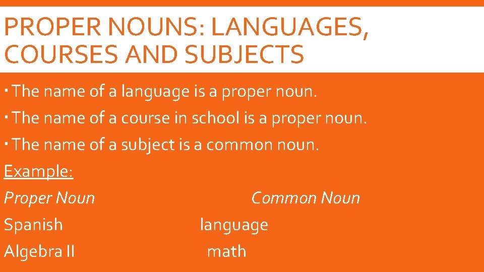 PROPER NOUNS: LANGUAGES, COURSES AND SUBJECTS The name of a language is a proper