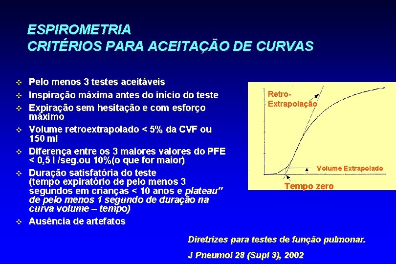 ESPIROMETRIA CRITÉRIOS PARA ACEITAÇÃO DE CURVAS v v v v Pelo menos 3 testes