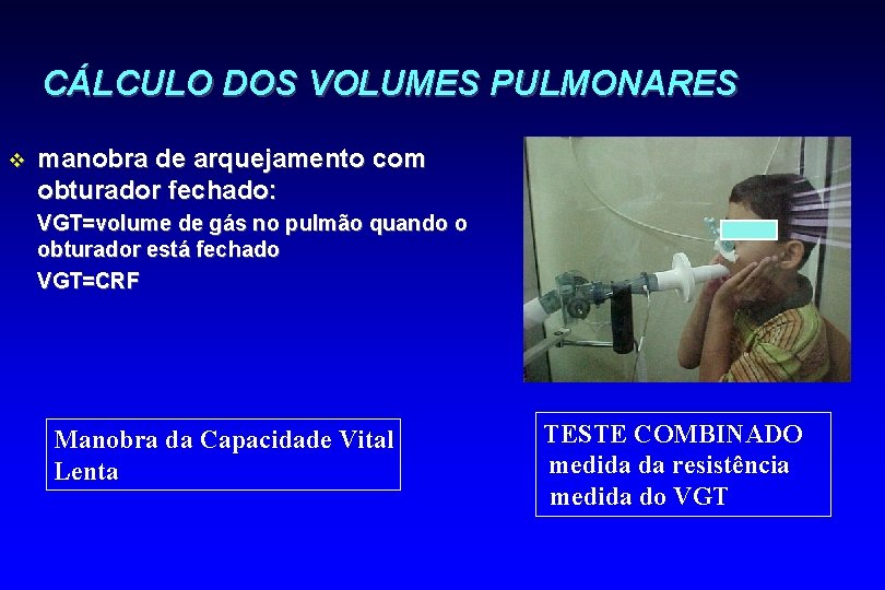 CÁLCULO DOS VOLUMES PULMONARES v manobra de arquejamento com obturador fechado: VGT=volume de gás