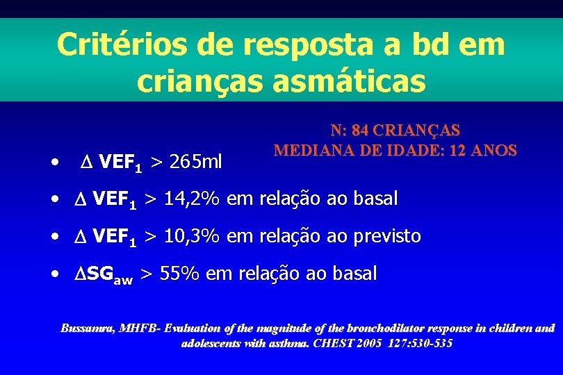 Critérios de resposta a bd em crianças asmáticas • VEF 1 > 265 ml