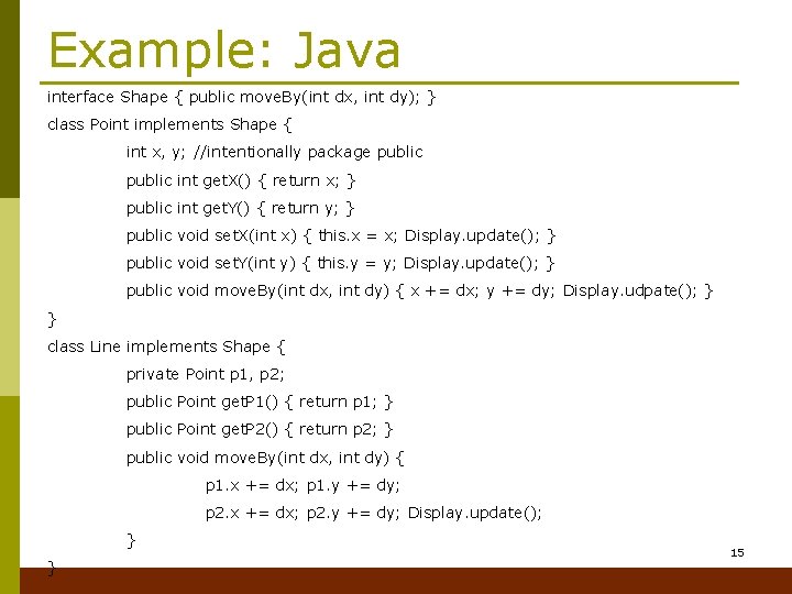 Example: Java interface Shape { public move. By(int dx, int dy); } class Point