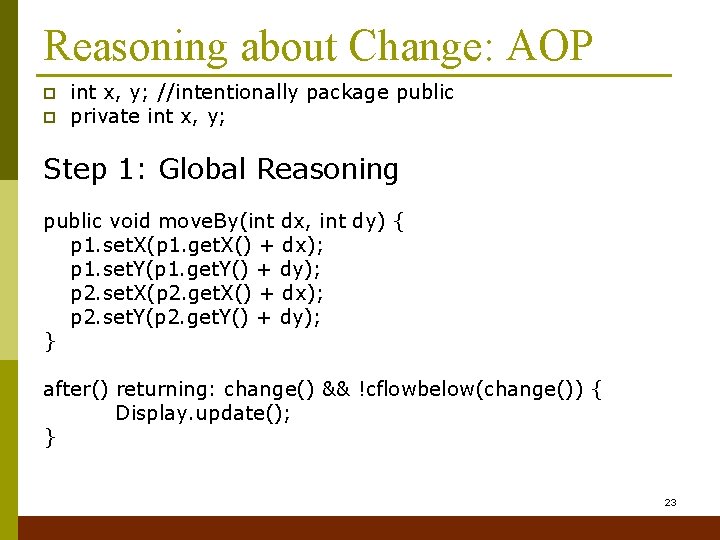 Reasoning about Change: AOP p p int x, y; //intentionally package public private int