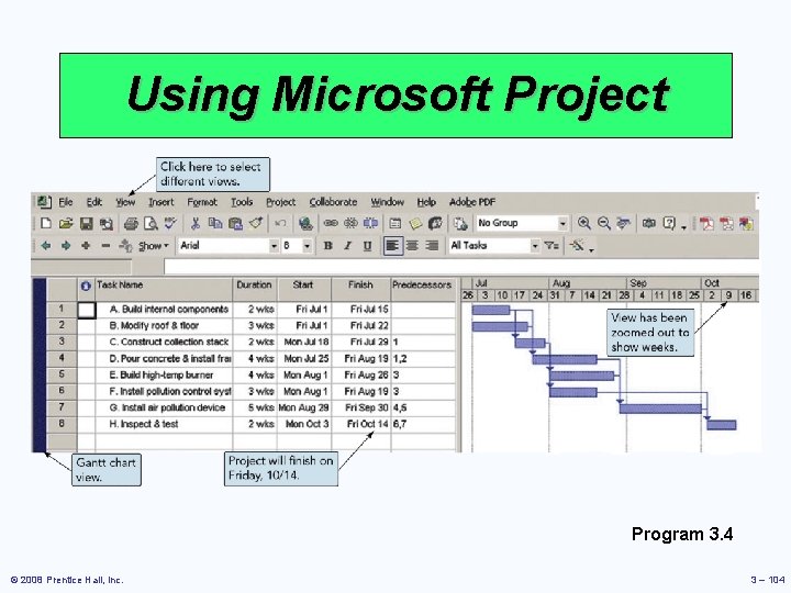 Using Microsoft Project Program 3. 4 © 2008 Prentice Hall, Inc. 3 – 104