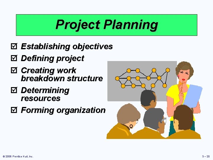 Project Planning þ Establishing objectives þ Defining project þ Creating work breakdown structure þ