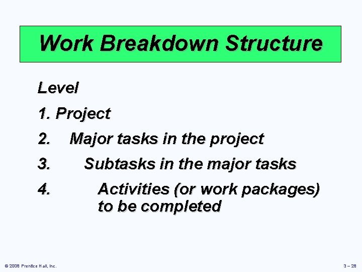 Work Breakdown Structure Level 1. Project 2. Major tasks in the project 3. 4.