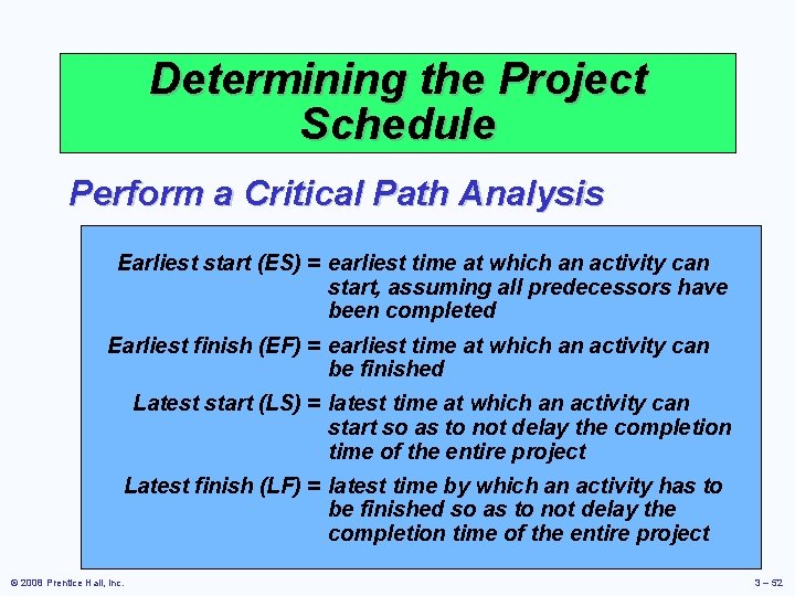 Determining the Project Schedule Perform a Critical Path Analysis Earliest start (ES) = earliest