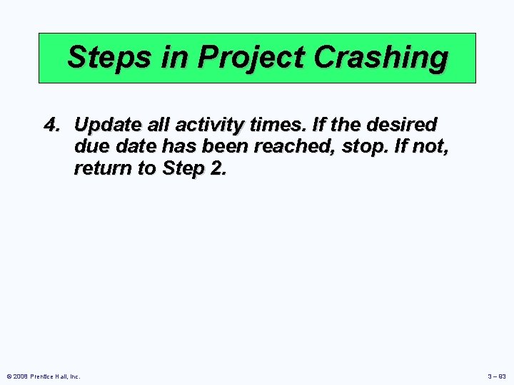 Steps in Project Crashing 4. Update all activity times. If the desired due date