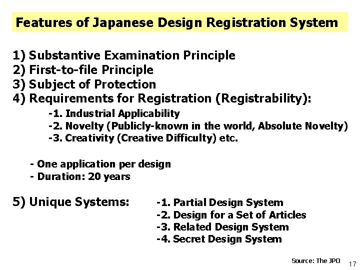 Features of Japanese Design Registration System 1) Substantive Examination Principle 2) First-to-file Principle 3)