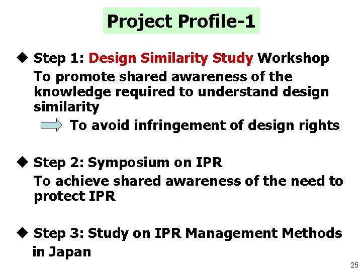 Project Profile-1 u Step 1: Design Similarity Study Workshop To promote shared awareness of