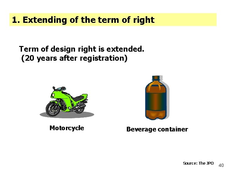 1. Extending of the term of right Term of design right is extended. (20