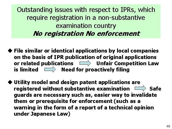 Outstanding issues with respect to IPRs, which require registration in a non-substantive examination country