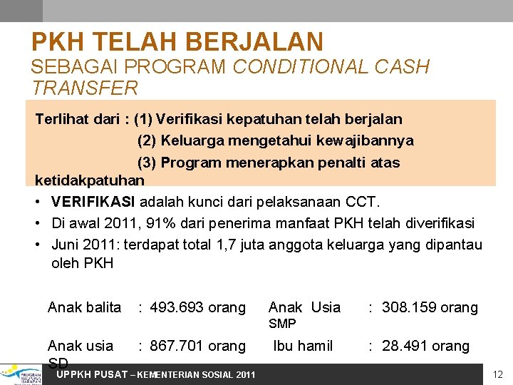 PKH TELAH BERJALAN SEBAGAI PROGRAM CONDITIONAL CASH TRANSFER Terlihat dari : (1) Verifikasi kepatuhan