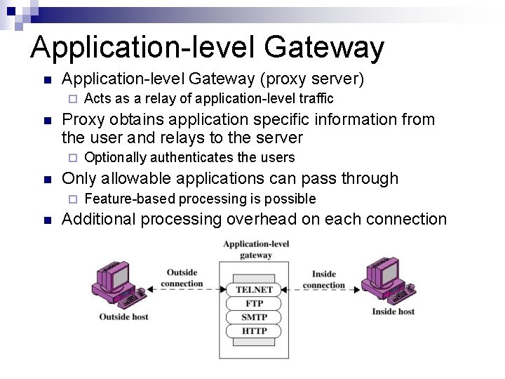 Application-level Gateway n Application-level Gateway (proxy server) ¨ n Proxy obtains application specific information Application-level Gateway n Application-level Gateway (proxy server) ¨ n Proxy obtains application specific information