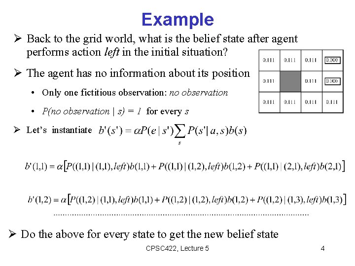 Example Back to the grid world, what is the belief state after agent performs