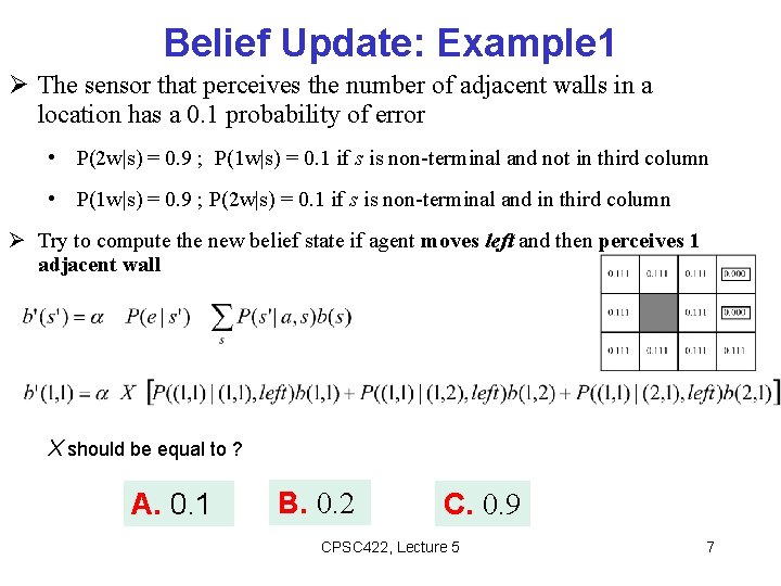 Belief Update: Example 1 The sensor that perceives the number of adjacent walls in