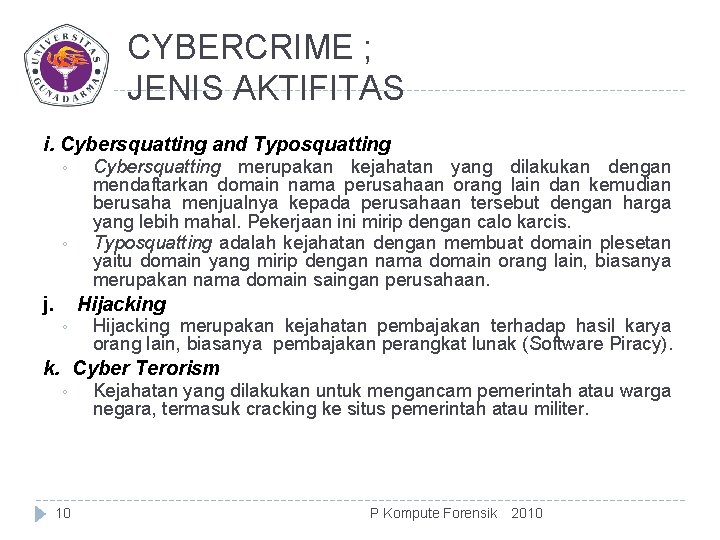 CYBERCRIME ; JENIS AKTIFITAS i. Cybersquatting and Typosquatting ◦ ◦ j. Cybersquatting merupakan kejahatan