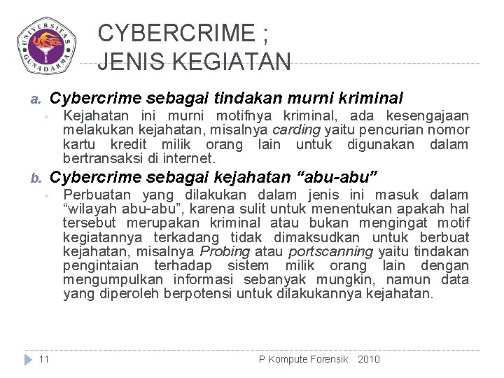 CYBERCRIME ; JENIS KEGIATAN Cybercrime sebagai tindakan murni kriminal a. Kejahatan ini murni motifnya