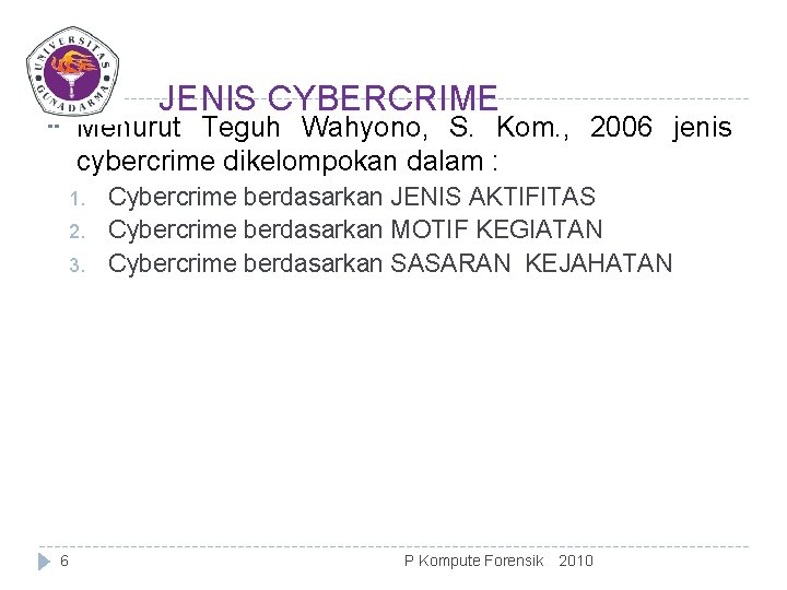 JENIS CYBERCRIME Menurut Teguh Wahyono, S. Kom. , 2006 jenis cybercrime dikelompokan dalam :