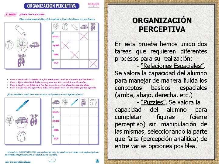 ORGANIZACIÓN PERCEPTIVA En esta prueba hemos unido dos tareas que requieren diferentes procesos para