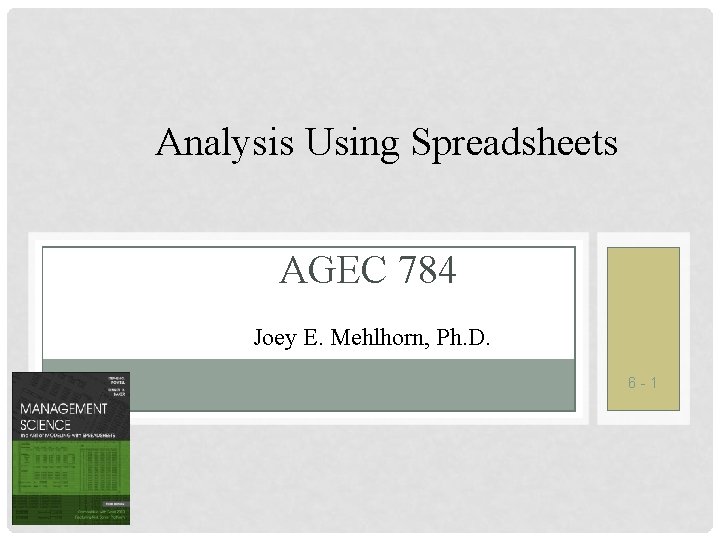 Analysis Using Spreadsheets AGEC 784 Joey E. Mehlhorn, Ph. D. 6 -1 