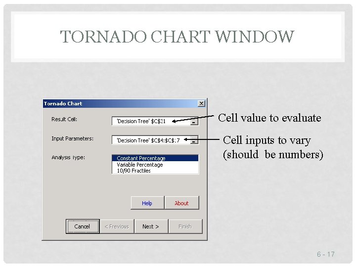 TORNADO CHART WINDOW Cell value to evaluate Cell inputs to vary (should be numbers)