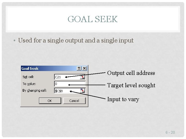 GOAL SEEK • Used for a single output and a single input Output cell