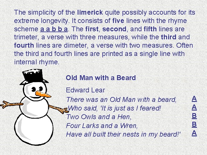 The simplicity of the limerick quite possibly accounts for its extreme longevity. It consists