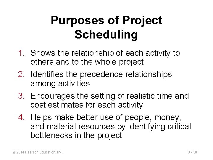 Purposes of Project Scheduling 1. Shows the relationship of each activity to others and