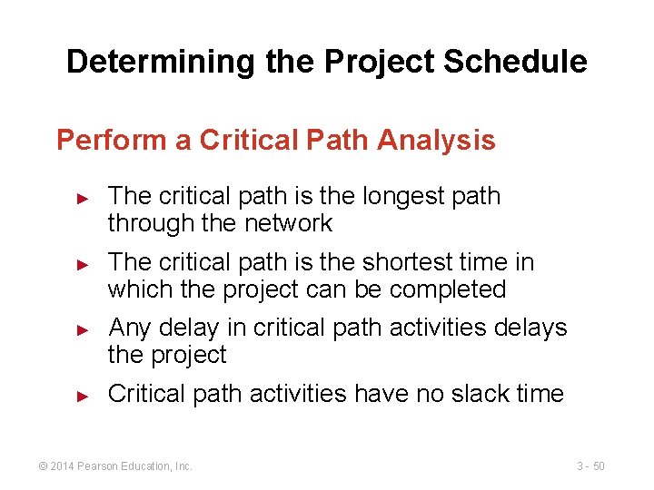 Determining the Project Schedule Perform a Critical Path Analysis ► ► The critical path