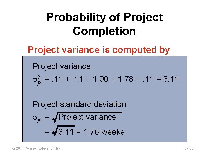 Probability of Project Completion Project variance is computed by summing the variances of critical