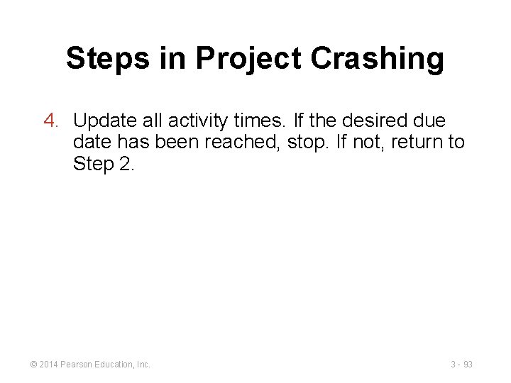 Steps in Project Crashing 4. Update all activity times. If the desired due date