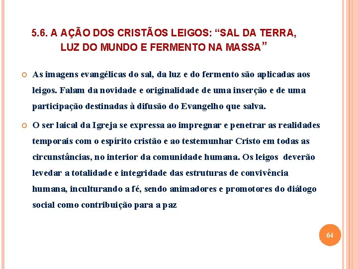 5. 6. A AÇÃO DOS CRISTÃOS LEIGOS: “SAL DA TERRA, LUZ DO MUNDO E