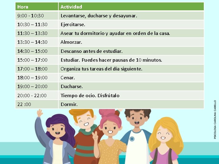Hora Actividad 9: 00 - 10: 30 Levantarse, ducharse y desayunar. 10: 30 –