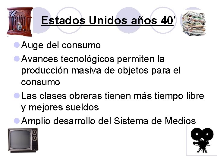 Estados Unidos años 40’ l Auge del consumo l Avances tecnológicos permiten la producción Estados Unidos años 40’ l Auge del consumo l Avances tecnológicos permiten la producción