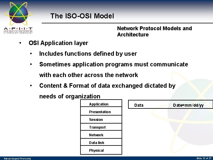 The ISO-OSI Model Network Protocol Models and Architecture • OSI Application layer • Includes