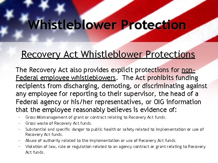 Whistleblower Protection Recovery Act Whistleblower Protections The Recovery Act also provides explicit protections for